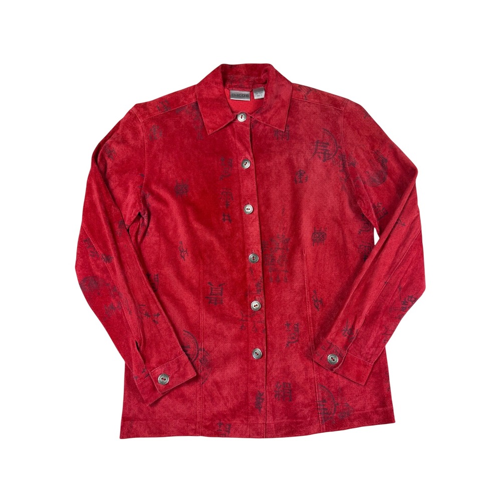 Chicos Red Suede Leather Jacket Asian Print Perforated Button Front Size 0 (XS)